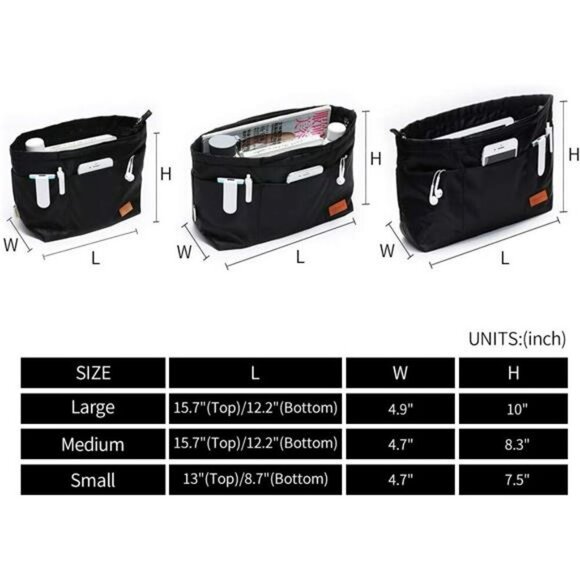 Black Purse Organizer Insert with Zipper Medium Nylon Tote Handbag Organizer - Picture 2 of 8